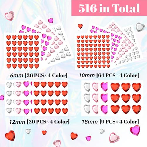 516 Self-Adhesive Heart Rhinestone Gems Assorted Sizes