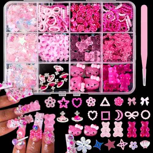 3D Pink Nail Charms Bulk Gummy Bear Butterfly Bow Assorted Nail Charms Set Planet Cherry Gems Cute Heart Star Pearls Nail Charms for Nail Art DIY Supplies Accessories