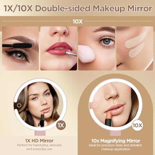 SANYCASA Rechargeable Makeup Mirror with Lights - 360° Rotation, 3 Color Modes, 1X/10X Magnification, Portable Vanity Mirror