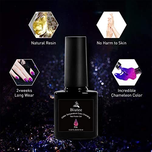 Biutee Glitter Temperature Color Changing Gel Nail Polish Gel Set 6 Colors Temperature Mood Changing Reflective Glitter Gel Polish Soak Off UV LED Nail Polish Set