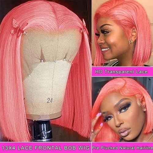 PANDA ANGEL 13x4 Pink Bob Wig Human Hair Pink Straight Bob Wigs Human Hair Wear and Go Glueless Wig Human Hair Bob Lace Front Wigs Pre Plucked With Natural Hairline Short Lace Frontal Wigs for Women