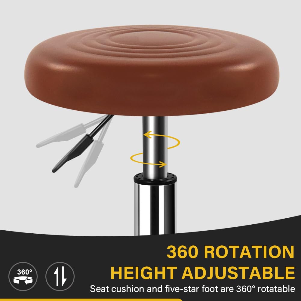 WKWKER PU Leather Stool with Wheels Modern Round Rolling Stool with Footrest 360°Swivel Height Adjustable Stool Chair for Home Work Drafting Spa Salon Massage Beauty Stools Small (Brown)