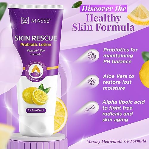Massey's Skin Rescue Probiotics Lotion - Daily lotion for Men & Women - Refreshing Lemon Scent - Non-Greasy Moisture for Smooth & Sensitive Skin - 3.4 oz