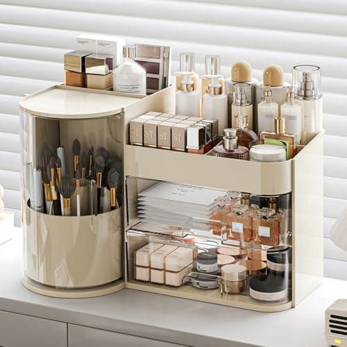 Large Cosmetic Organizer with Rotating Brush Holder & Drawers