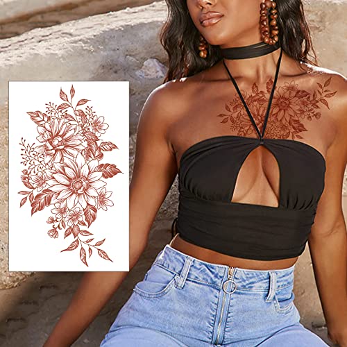 Henna Temporary Tattoo, 12 Sheets Fake Tattoo, Waterproof Brown Tattoo Stickers for Women