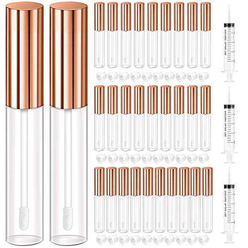 KPX 30 Pcs lip Gloss Tube Containers Bulk Wand 10ml Empty Clear Pink Lip Oil Tubes Refillable Lip Balm Bottles with Rubber Insert for DIY Makeup Such as Lip Samples, Homemade Lip Balm (Rose Golden)
