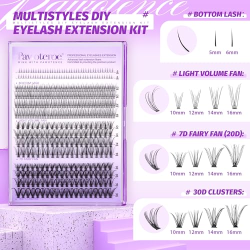 Pawotence Brown Lash Extension Kit Lash Clusters Wispy Invisible Band 10-12mm Individual Lashes Natural Brown Clusters Eyelash Extension Kit with Lash Bond and Seal, Lash Applicator for Self Use