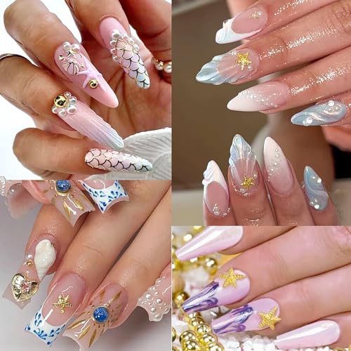 12-Grid Gold Ocean Nail Charms Set - Seashell & Starfish Designs