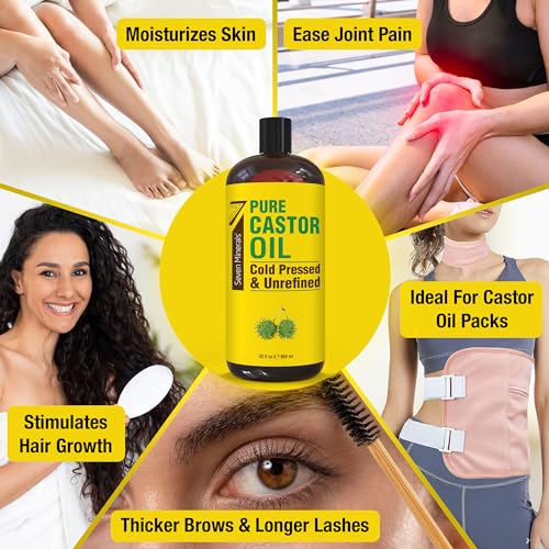 Seven Minerals Cold Pressed Castor Oil 32oz - Unrefined & Hexane Free for Hair, Skin & Wellness