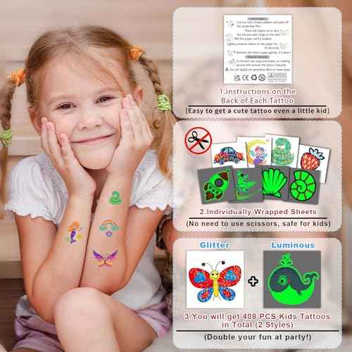 Partywind 408 PCS Temporary Tattoos for Kids, Glow and Glitter Fake Tattoo Stickers for Boys Girls Party Supplies Favors, Cute Goodie Bag Stuffers for Children (Individually Wrapped Sheet)