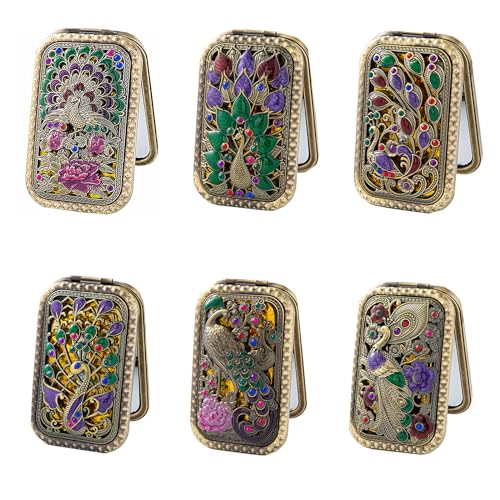 TANG SONG 6PCS Vintage Peacock Pattern Cosmetic Makeup Pocket Purse Magnification Jewel Mirror (6 Different Patterns)