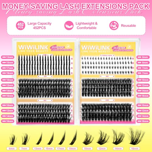 WiWiLINK Fluffy Lash Clusters Kit 452Pcs 10-16mm Eyelash Extensions