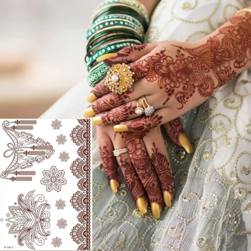 Temporary Henna Tattoo Stickers - Indian Flower Pattern Fake Tattoos for Women Body Arms Legs Hands, Halloween Costume Cosplay Wedding Beach Party Decorations 6 Pcs