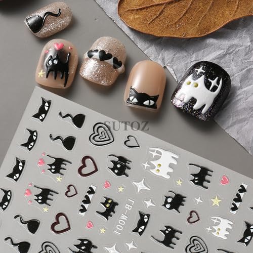 Cute Nail Art Stickers Cute Cat Self-Adhesive DIY Nail Decals Black White Cat Nail Stickers for Nail Art Kawaii Cat Nail Art Decals Heart Nail Art Design Decoration for Women Nail Decorations 2PCS