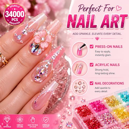 EONFAVE 34000 Pcs Rhinestone Kit, 3mm Flatback Gems, 28 Colors