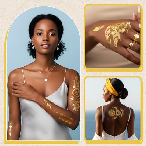 Gold Temporary Tattoo Stickers - 9 Sheet Set for Women