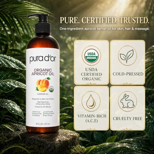 PURA D'OR Organic Apricot Kernel Oil 16oz – USDA Certified