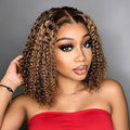 Curly Bob Wig Human Hair 13x4 HD Lace 14" Honey Blonde