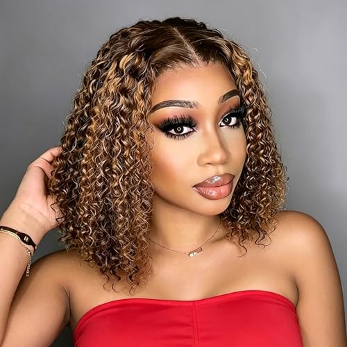 Curly Bob Wig Human Hair 13x4 HD Lace 14" Honey Blonde