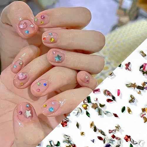 2000PCS Colorful Rhinestones Nail Art Charms Multi Shape Crystal Flat Back Nail Gems 3D Mini Heart Star Flower Nail Diamonds Kawaii Nail Crafts Acrylic Nail Rhinestone Diamonds for Women Nail