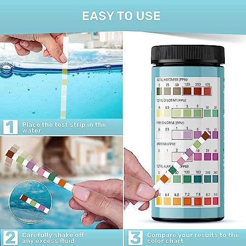 Hot Tub and Pool Test Strips - 6in1 Quick & Accurate Hot Tub, Spa, Pool Test Strips - 100 Water Test Strips, Water Test Kit with E-Book - Test Chlorine, Bromine, pH, Hardness, Alkalinity - JNW Direct