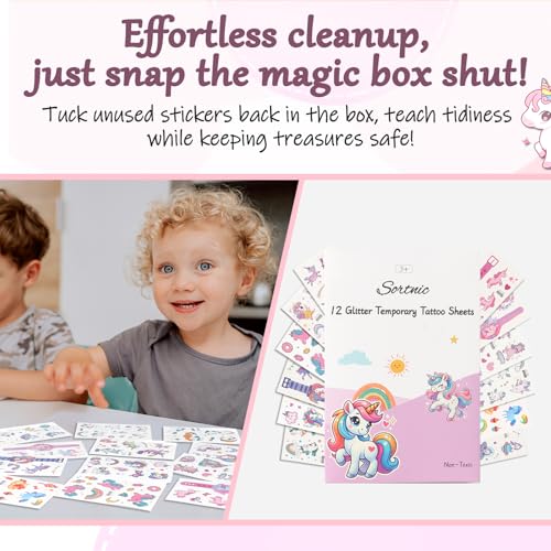 Temporary Tattoos for Kids, 12 Sheets Unicorn Rainbow Glitter Tattoos, Safe & Non-Toxic, Waterproof, Unicorn Birthday Party Decorations, Valentine's Day Gift