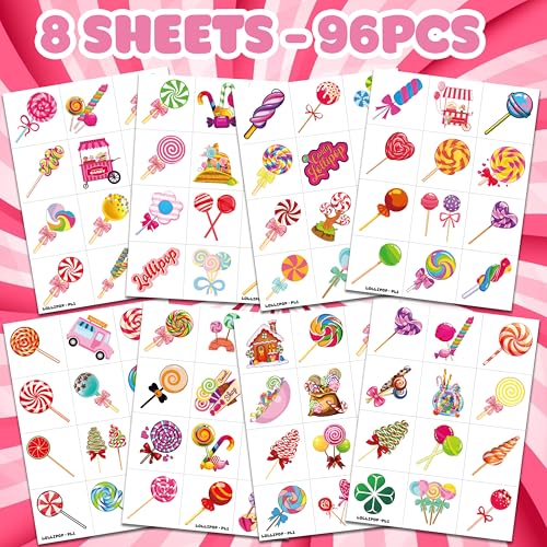 96 PCS Lollipop Temporary Tattoos - Colorful Candy Party Favors