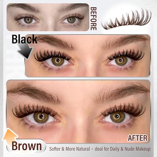 PHKERATA Brown Lash Clusters - Wispy C Curl Eyelash Extensions, 8-18mm, 132Pcs