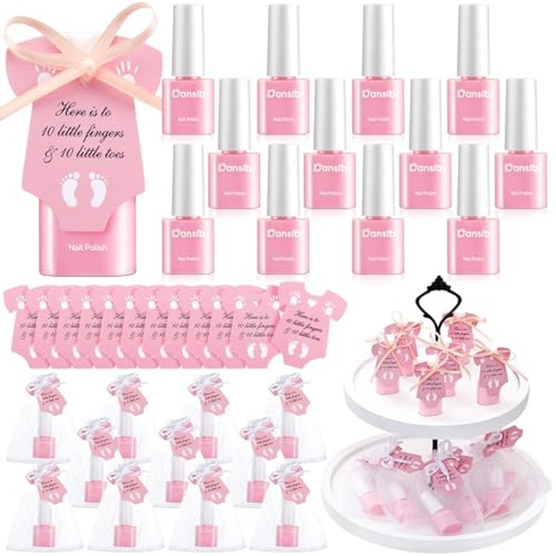 48 Set Pink Baby Shower Favors Mini Nail Polish Bulk Gender Reveal Party Favors for Guests Party Supply Souvenir Return Gifts Thank You Gifts with Card Organza Bags Ribbon Quick Dry