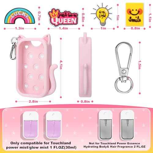 Juome Silicone Case for Touchland Hand Sanitizer Spray with Keychain & Charms, Cat Protective Holder Compatible with Touchland Power Mist & Glow Mist 1 FL Oz/30ML, Travel Cover Sleeve Accessory (Pink)