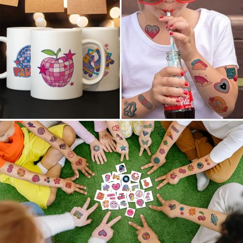 CHARLENT Groovy 70s Glitter Temporary Tattoos for Kids - 74 Designs