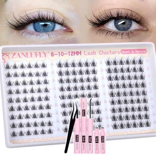 Natural Lash Clusters Kit 8-10-12mm Short Eyelash Clusters Kit Wispy Cluster Eyelash Extensions C Curly Individual Lash Extensions DIY Eyelash Extension with Lash Bond and Seal, Tweezers by ZANLUFLY