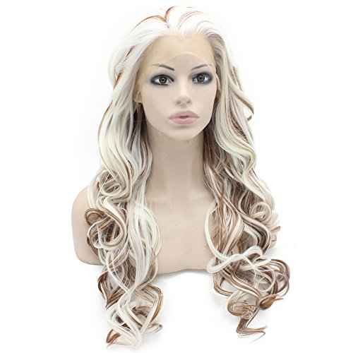 MX angel Long Wavy Heat Resistant Fiber Synthetic Lace Front White Auburn Mix Natural Wig