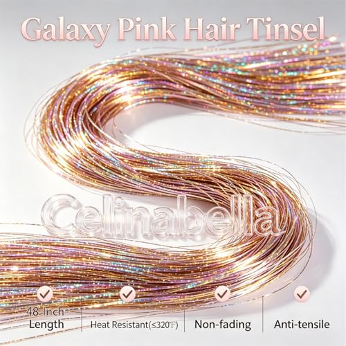 Celinabella Galaxy Pink Hair Tinsel Kit - 6 Packs, 1500 Strands, 48"