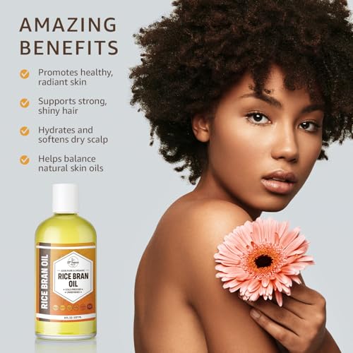 ORGANIC RICE BRAN OIL (8 oz) Premium Cold Pressed Unrefined | 100% Pure Rice Bran Oil for Skin, Face, Hair, Soap Making | Carrier for Essential Oils | Available in Bulk | 8 FL OZ