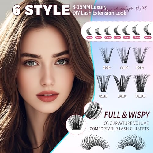 Cluster Lash Extensions Kit 812Pcs - 6 Styles 8-16mm with Glue