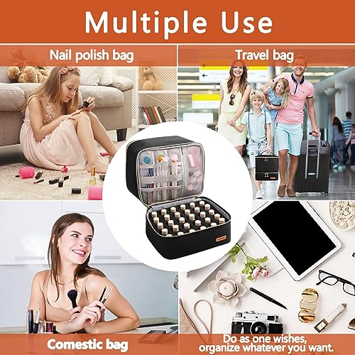 Veirdro Nail Polish Organizer Bag Holds 30 Bottles (15ml/0.5 fl.oz)& Nail Lamp, Portable Travel Nail Kit Storage Carrying Case, Double Layer Nail Supplies Holder Bag PU Leather Women (Elegant Black)