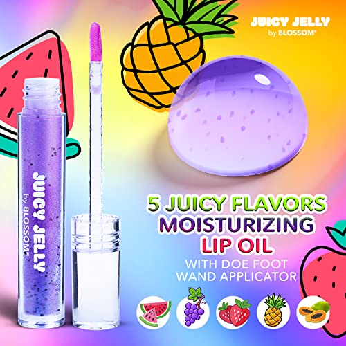 Blossom Juicy Jelly Moisturizing Lip Care Fruit Flavored Nourishing Lip Oil + pH Technology Custom Color Changing Strawberry Crystal Lip Balm, 2 Pack Bundle, Grape/Purple