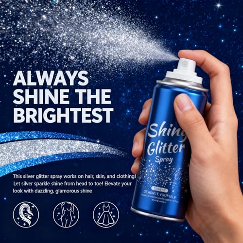 Body Glitter, Glitter Spray for Hair & Body & Face, Hairspray Clothes, Holographic Ultra Long-Lasting Shimmer Suitable Stage, Festival Rave Makeup Prom, Spray for Kids Women Men, Silver