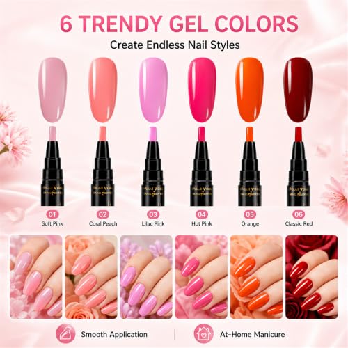 3-in-1 Quick-Dry Gel Nail Polish Pen Set with Fine Tip, 6 Colors