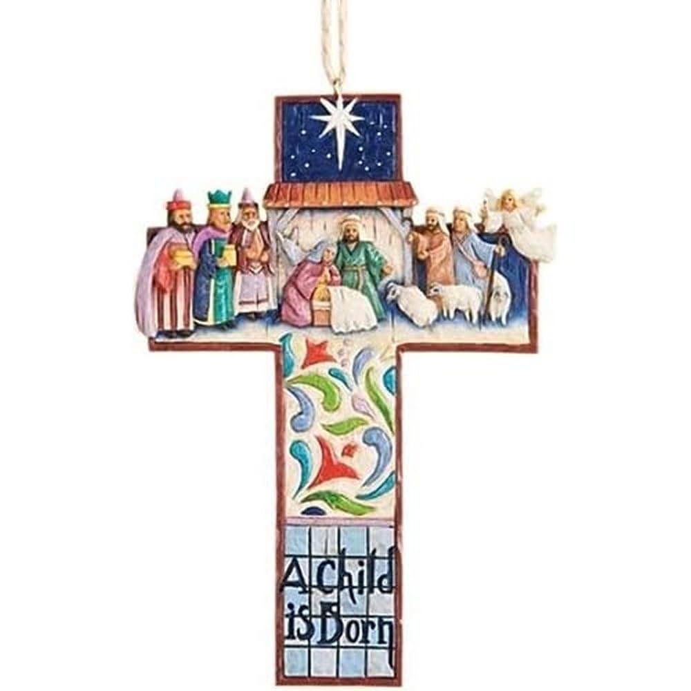 Jim Shore Heartwood Creek Cross Nativity Scene Stone Resin Hanging Ornament, 4.75”