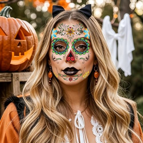 9 PCS Sugar Skull Day of the Dead Temporary Face Tattoos