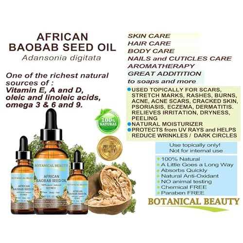 Botanical Beauty? BAOBAB SEED OIL 100% Pure Natural Refined Cold-Pressed Carrier Oil 0.5 Fl oz 15 ml For Face Skin Body Hair Lip Nails Rich in Vitamin C