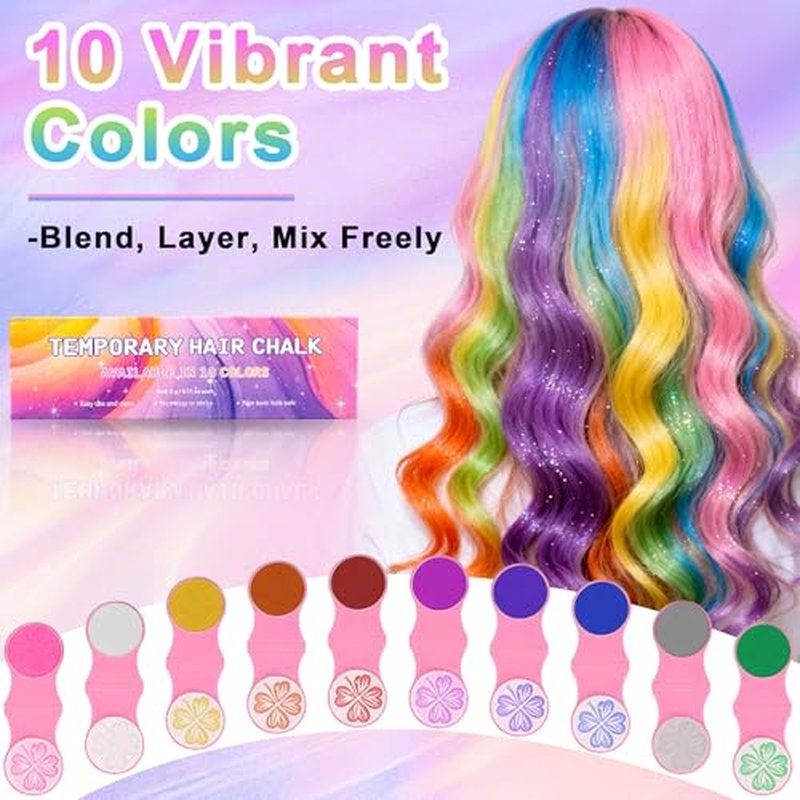 10 Vibrant Temporary Hair Chalk Kit for Women - Washable Color