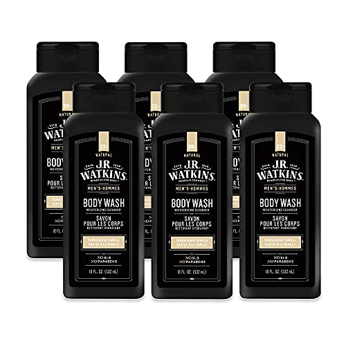 J.R. Watkins Natural Daily Moisturizing Body Wash, Hydrating Shower Gel for Men and Women, Free of SLS, Cruelty Free, Sandalwood Vanilla, 18 fl oz, 6 Pack