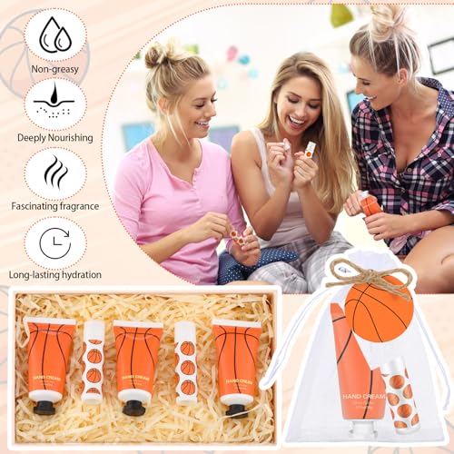 144 Pcs Basketball Lip Balm Hand Cream Set Party Favors, Include 36 Basketball Lip Balm 36 Moisturizing Hand Cream 36 Bags 36 Orange Gift Cards and Ropes for Man Women Accessories Gifts