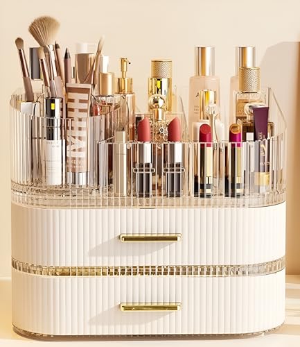 SpaceLuxe 360° Rotating Makeup Organizer with Drawers - Cream White