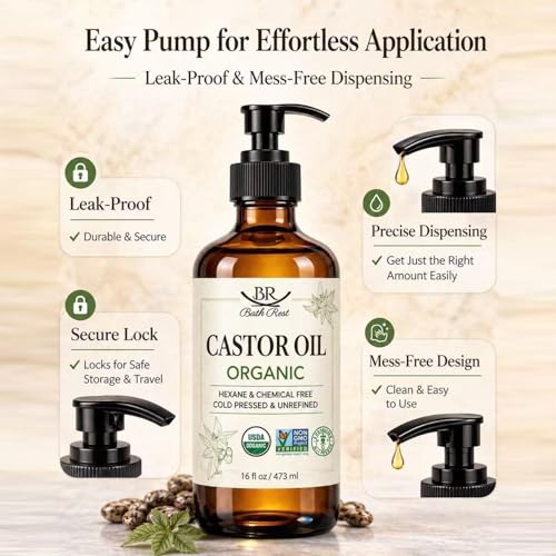 Bathrest Organic Castor Oil 16oz Cold Pressed Unrefined Vegan for Hair & Skin - Brown Bottle