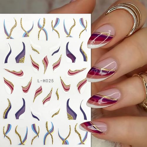 6 Sheets French Tip Nail Art Stickers 3D Self-Adhesive Gold Glitter Nail Decals Stripes Waves Lines Nail Design Stickers Acrylic Nail Art Supplies DIY for Women and Girls Manicure Tips