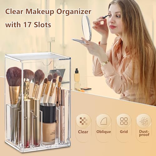 Makeup Brush Holder, Clear Make Up Brush Holder Organizer with 17 Slots, Tilt Open Large Makeup Brush Holde with Lid, Acrylic Makeup Organizer for Vanity Decor Office Home